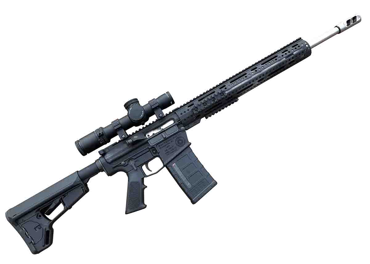 The Shaw ERS-10 is a heavy rifle weighing more than 11 pounds with a Trijicon 1-8x 28mm AccuPower scope.
